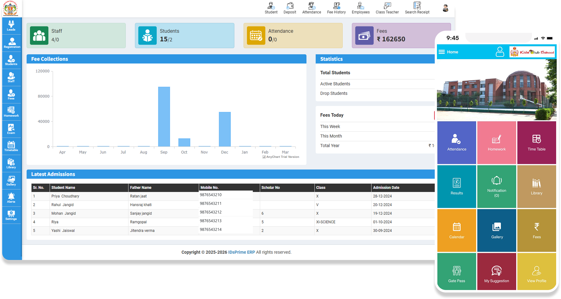IDs Prime School Management ERP Desktop Dashboard and Mobile App Ecosystem